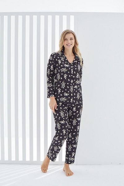 ERDENİZ TEKSTİL Set pijamale din satin, cu nasturi în față, cu imprimeu floral, 2 bucăți, de sus și de jos