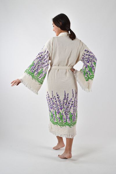 REİNA TEKS 1 Piece Unisex Muslin Kimono Caftan - Printed and Belted Cotton Peshtemal Bathrobe