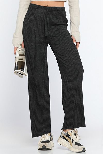 GÜLSELİ Smoked Ribbed Wide Leg Trousers