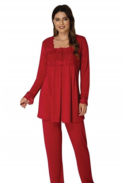 Pelin Women's Cherry Long Sleeve Lace Maternity Pajamas Set