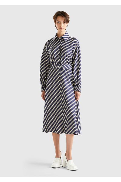 United Colors of Benetton Φόρεμα Navy Blue Viscous - Διαγώνιο ριγέ πουκάμισο με γιακά