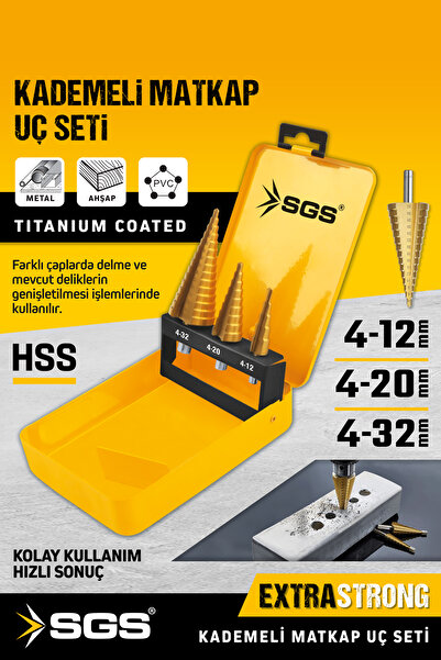 SGS SGS2840 HSS 3 PARÇA KADEMELİ MATKAP UCU SETİ 4-12MM/4-20MM/4-32 MM