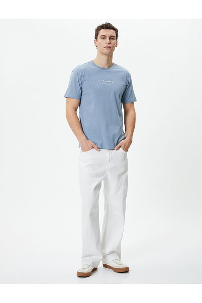 Koton Μπλουζάκι με στάμπα με σύνθημα Slim Fit Crew Neck κοντομάνικο βαμβακερό