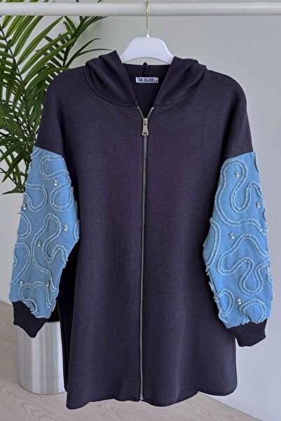 Ka Hijab Smoked Knitwear Hijab Cardigan - Jeans Detailed Sleeves