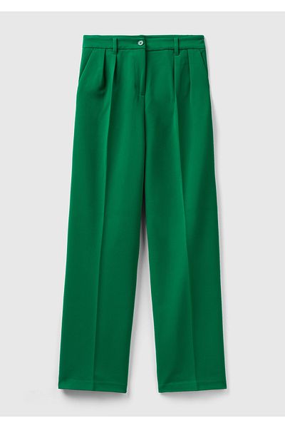 United Colors of Benetton Green Women's Pleated Trousers - Polyviscosis, Wide Leg