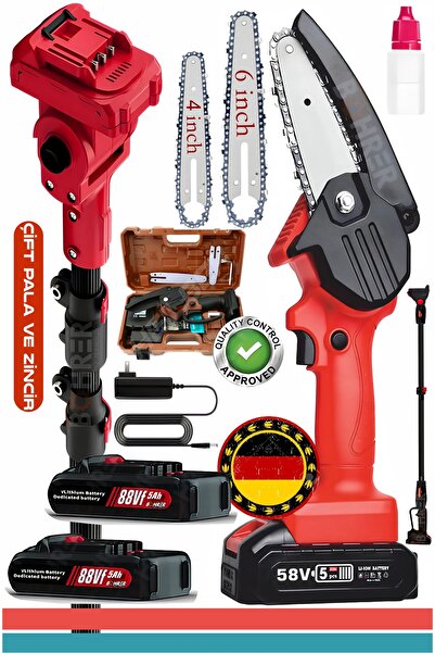 BÖHRER Alman V258 5ah 25mm Teleskop Uzatmalı Kömürsüz Red Akülü Budama Testeresi , 6" Pala Ve Zincir
