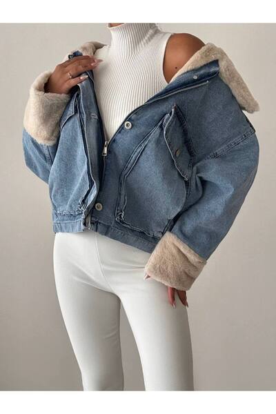 Bisou Kadın içi kürklü çift cepli fermuarlı düğmeli kar yıkama denim mont