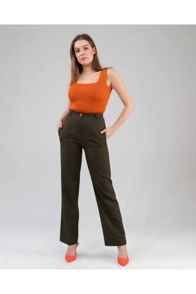 OUZ Fashion Kadın Dabıl Kumaş Ön Dikiş Detaylı Palazzo Pantolon
