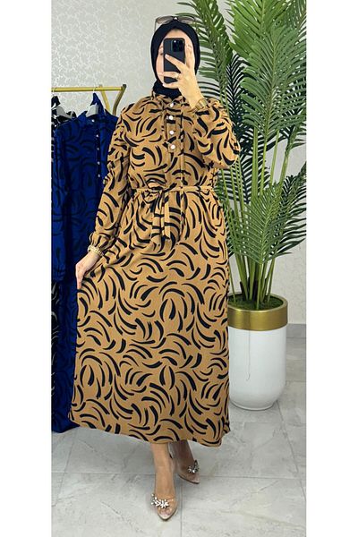 WAPP Γυναικείο Tan Plus Size Karin Φόρεμα με υφασμάτινο μπροστινό κουμπιά γιακά με ζώνη και χιτζάμπ