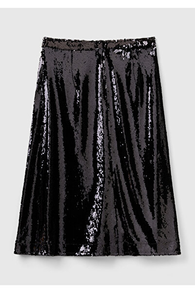 United Colors of Benetton Fusta midi neagră cu paiete pentru femei - cu fermoar lateral și căptușeală