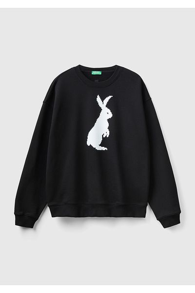 United Colors of Benetton Men's Black 100% Cotton Rabbit Printed Sweatshirt