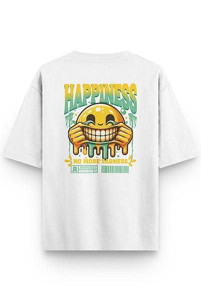 Overoz Unisex Oversize Λευκό T-Shirt - Happiness Back Printed, Written - 1283