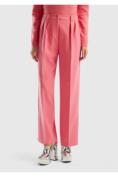 United Colors of Benetton Dried Rose Polyviscous Women's Trousers - Wide Leg Pleated