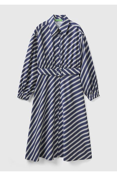 United Colors of Benetton Φόρεμα Navy Blue Viscous - Διαγώνιο ριγέ πουκάμισο με γιακά