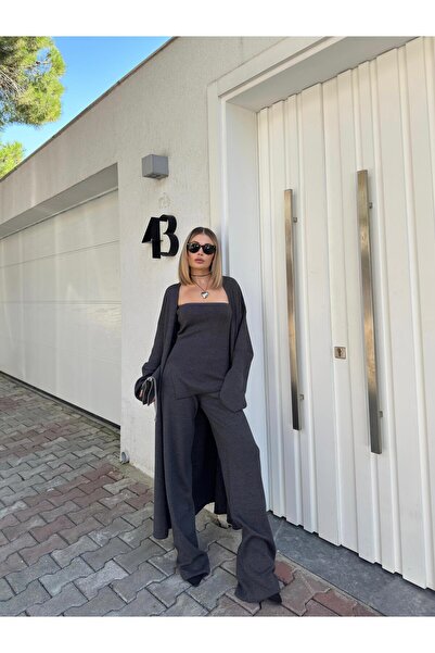 fmnbutik Ισοδύναμη μπλούζα στράπλες, παντελόνι Palazzo και μακριά ζακέτα - με λεπτομέρεια με σχισμή, τριπλό κοστούμι Pinterest