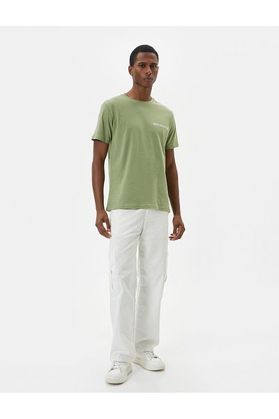 Koton Μπλουζάκι με στάμπα με σύνθημα Slim Fit Crew Neck κοντομάνικο βαμβακερό