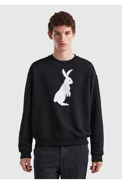 United Colors of Benetton Men's Black 100% Cotton Rabbit Printed Sweatshirt