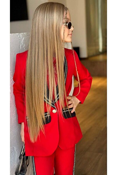 Riccotarz Girls' Stonework Shawl Collar Blazer Jacket Lace Detailed Blouse Stripe Detailed Red Bottom Top Suit