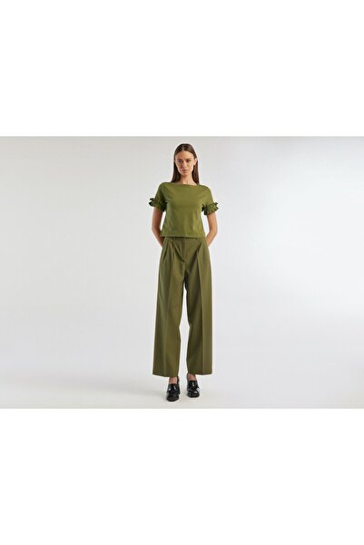 United Colors of Benetton Γυναικείο παντελόνι Olive Green Wide Leg Polyviscos