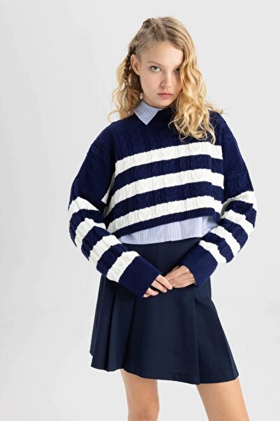 DeFacto A7046 Coool Regular Fit Çizgili Bisiklet Yaka Triko Kazak