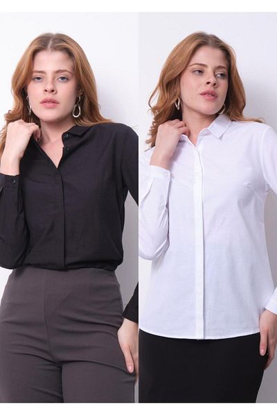 PERA MODA Pachet de 2 cămăși clasice pentru femei, cu tăietură de bază, cu nasturi ascunși