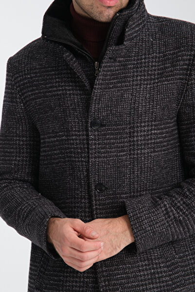 Frappoli Ανδρικό παλτό με κασμίρι - καρό σχέδιο, κανονική εφαρμογή, πολύ χοντρό, φερμουάρ και λεπτή γούνα