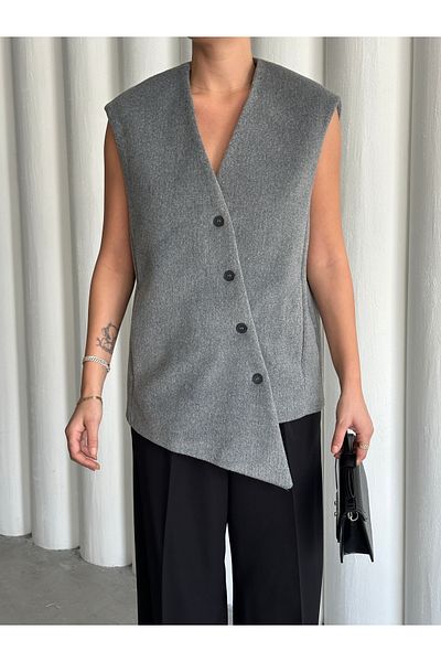 Laluvia Gray Venetian Cross Button Vest- 509063