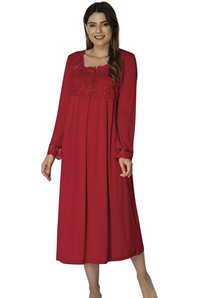 Pelin ثوب نوم نسائي من الدانتيل الكرزي بأكمام طويلة من القطن للحوامل