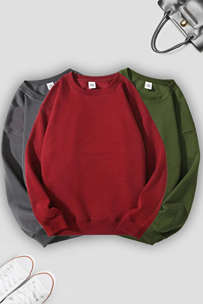 MAXIMILLIAN Πακέτο γυναικείων φούτερ 3 τεμαχίων χακί καπνιστό μπορντό με λαιμόκοψη oversize