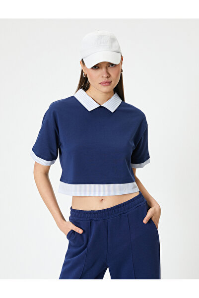 Koton Πόλο μπλουζάκι με λαιμόκοψη με κοντό μανίκι, διπλό ύφασμα, κοντό μανίκι