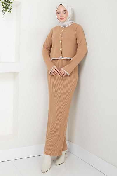 hafsamina Camel Hm2613 - Shepherd's Stitched Knitwear Cardigan and Gilet Set