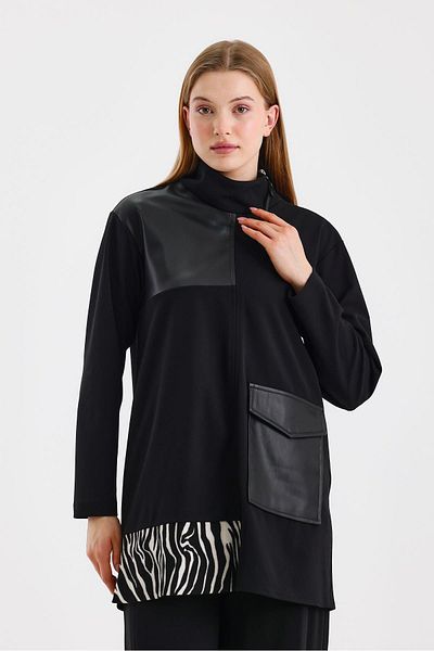 Zühre Leather Garnished Pattern Detailed Black Tunic T-1539