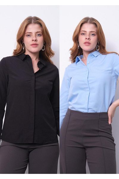 PERA MODA Pachet de 2 cămăși clasice pentru femei, cu tăietură de bază, cu nasturi ascunși