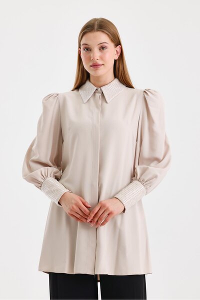 Zühre Beige Balloon Sleeve Tunic - Stone Detailed T-1452