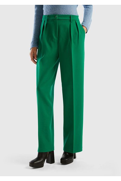 United Colors of Benetton Green Women's Pleated Trousers - Polyviscosis, Wide Leg