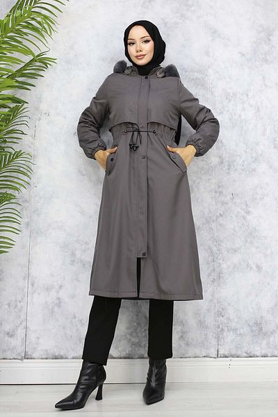 benguen 1087 Model Anthracite Bondit Coat - Με βελούδινο εσωτερικό και γούνινο γιακά