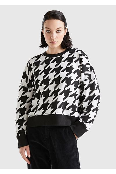 United Colors of Benetton Hanorac de damă, alb-negru, cu model din picioare de găină