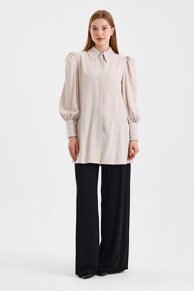 Zühre Stone Detailed Balloon Sleeve Beige Tunic T-1452