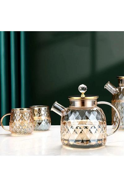 Qerhome Borosilicate Glass Amber Authentic Patterned Glass Teapot & Jug 1500 Ml
