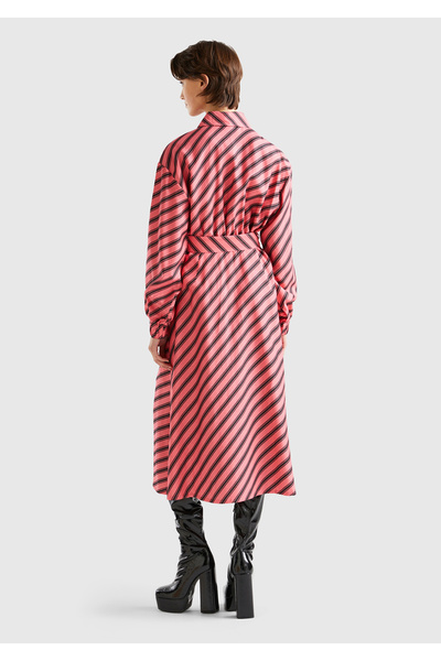 United Colors of Benetton Γυναικείο φόρεμα με κουμπιά μπροστινό γιακά με ριγέ σταυρωτό πουκάμισο με ροζ μίξη