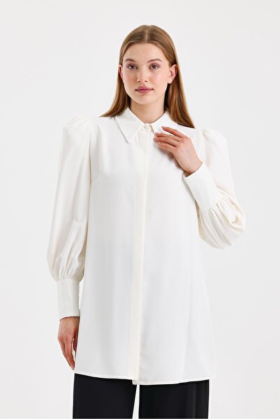 Zühre Stone Detailed Balloon Sleeve Ecru Tunic T-1452