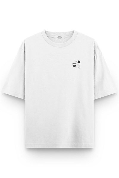 Overoz Coffee Need Printed Λευκό Oversize Unisex T-Shirt - 1280
