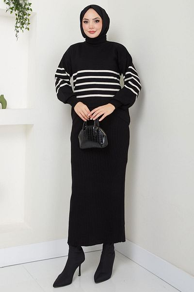 hafsamina Μαύρο ριγέ πλεκτό πουλόβερ και σετ Gilet - HM2596