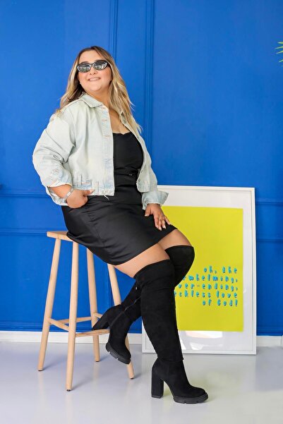 Stil Durağı Bridal Model 8 Cm Kalin Topuklu Sihirli Çizme Uzun Streç Sihirli Çizme Siy.strec