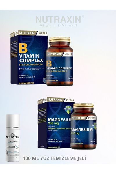 Nutraxin B Complex Vitamin 60 Capsules & Magnesium 250 Mg 60 Tablets + (1X100 ml Facial Cleansing Gel)