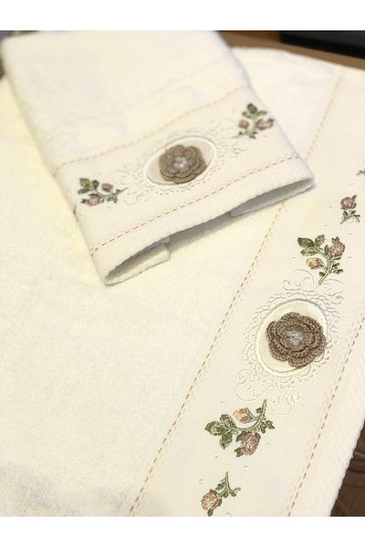 Fiesta Duygu Bamboo 3D Embroidered Mother-Daughter Towel Set - Cream/Coffee