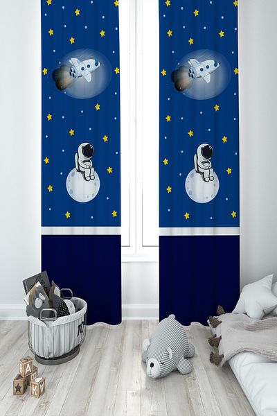 BAMBAŞKA MODA Astronaut and Spacex Patterned 2 Wing Background Curtain - Baby and Children's Room Ybp-8151