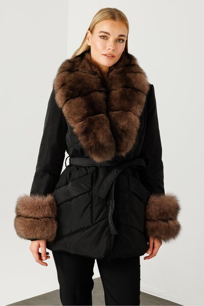 Moda İlgi Modailgi Yakası ve Kol Manşeti Kürklü Şişme Kaban Siyah