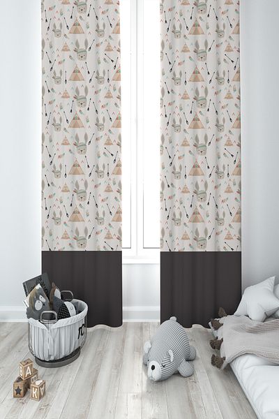 BAMBAŞKA MODA Baby and Children's Room 2 Wings Background Curtain with Rabbit and Tent Pattern Ybp-8045