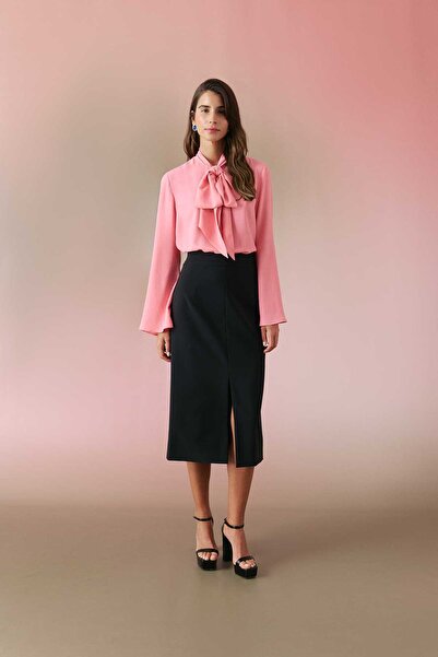 Roman Önden Yırtmaçlı Kalem Etek Siyah Y2415019_001